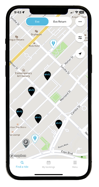 Electric Evo charging app map